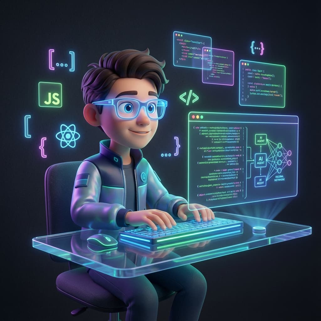 Futuristic AI Coder Learning JavaScript and React